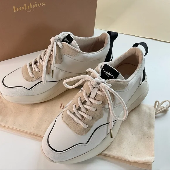 NEW • BOBBIES PARIS Beige and Black Leather Sneakers - Picture 7 of 16